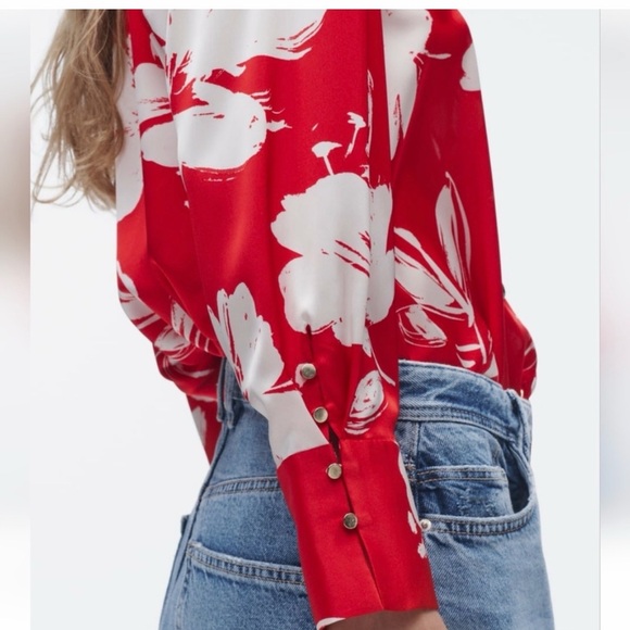 Zara red floral print satin blouse - Picture 5 of 7